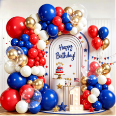 Red White Blue Balloon Arch Kit, Chrome Gold, Latex, Party Decoration. Red White Blue Balloon Arch Kit, Chrome Gold, Latex, Party Decoration.